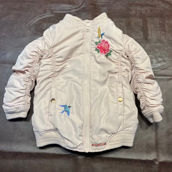 Hudson Girls Pink Bomber Jacket Size 6X Embroidered Birds & Rose Zip Up Coat - Picture 2 of 14